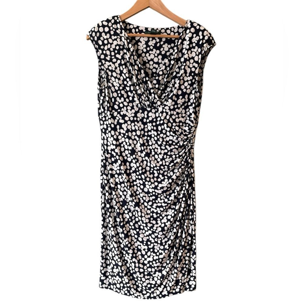 Lauren Ralph Lauren Polka Dot Faux Wrap Synched Short Sleeve Pull On Dress Sz L